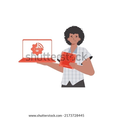 A man holds a laptop and a processor chip in his hands. IOT and automation concept. Isolated. Vector illustration in trendy flat style.