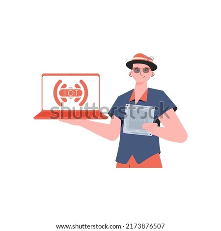 A man holds a laptop and a processor chip in his hands. Internet of things concept. Isolated. Vector.