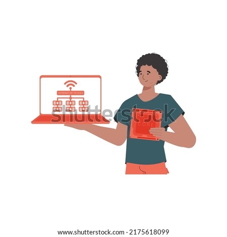 A man holds a laptop and a processor chip in his hands. Internet of things concept. Isolated. Vector illustration in trendy flat style.