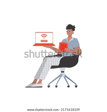 A man holds a laptop and a processor chip in his hands. Internet of things and automation concept. Isolated. Vector.