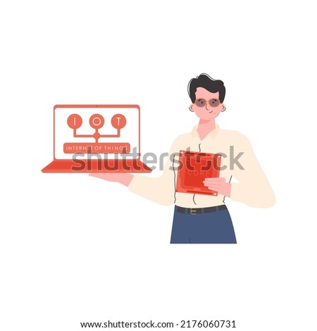 A man holds a laptop and a processor chip in his hands. Internet of things concept. Isolated. Trendy flat style. Vector illustration.
