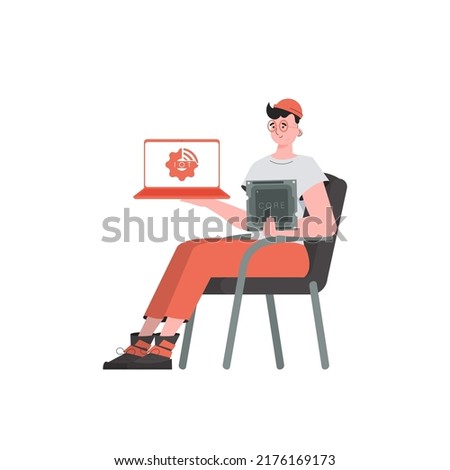 A man holds a laptop and a processor chip in his hands. IoT concept. Isolated. Trendy flat style. Vector illustration.