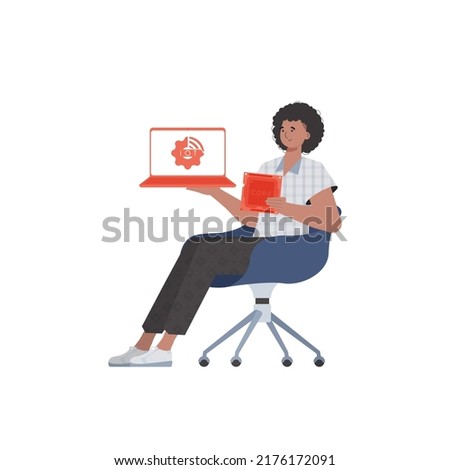 A man holds a laptop and a processor chip in his hands. Internet of things and automation concept. Isolated. Vector illustration in trendy flat style.