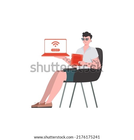 A man holds a laptop and a processor chip in his hands. IOT and automation concept. Isolated. Vector illustration in trendy flat style.