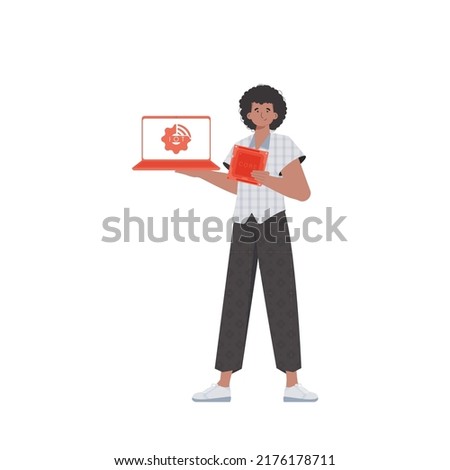 A man holds a laptop and a processor chip in his hands. IoT concept. Isolated. Vector.