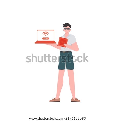 A man holds a laptop and a processor chip in his hands. Internet of things and automation concept. Isolated. Trendy flat style. Vector illustration.