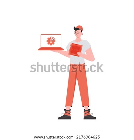 A man holds a laptop and a processor chip in his hands. IoT concept. Isolated. Vector illustration in flat style.