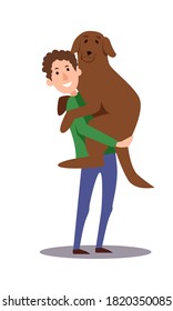 A man holds a large dog in his arms. The character hugs his pet. Vector sketch of a cartoon illustration isolated on a white background.