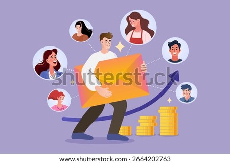 A man holds a large email, symbolizing effective digital communication. The image features a growing graph and gold coins, representing success from online community engagement.