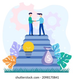 Der Mann hält eine große Glühbirne und schüttelt mit einem Geschäftsmann mit einer Aktentasche die Hände. Starten und suchen Sie Anlagekonzepte. Menschen investieren für Innovationsideen. Vektorgrafik.