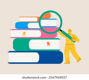 Man holds a large magnifying glass and zooms in on a giant book. Learning new things concept. Colorful vector illustration

