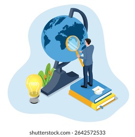 A man holds a large magnifying glass, looking into a model globe, illustrating the concept of online education and e-learning.