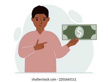 A man holds a large paper bill in his hand. The concept of income, expense, earning or spending money. Vector flat illustration