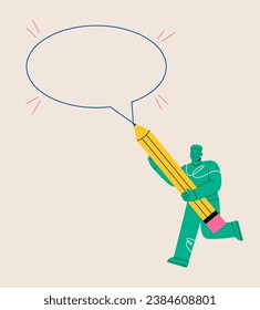 El hombre sostiene un lápiz grande que hace un diseño de burbuja de habla. Ilustración vectorial colorida
