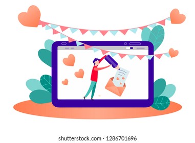A man holds a large pencil and writes a congratulatory letter on Valentine's day on the tablet screen. Vector flat style
