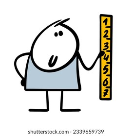 Man holds a large ruler and measures in a geometry lesson. Vector illustration of  student in class or a teacher at work with drawing tool. Cute stick figure person isolated on white background.