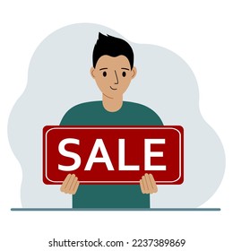 Ein Mann hält ein großes Zeichen mit dem Text SALE in den Händen. Vektorgrafik