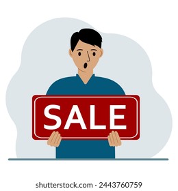 Un hombre sostiene un gran cartel con el texto VENTA en sus manos. Ilustración plana del vector
