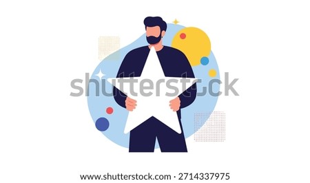 Man holds a large star symbol representing achievement and recognition set against a colorful abstract background that conveys success and celebration.
