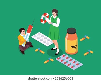 man holds a large syringe while a woman offers a lifebuoy amidst pills and a medicine bottle, symbolizing a range of solutions for health and well-being isometric 3d vector illustration