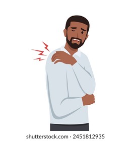 Man holds the left shoulder because he feels pain. shoulder disease. Flat vector illustration isolated on white background