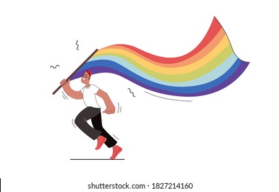 
A man holds a lgbt flag in his hands. Isolated boy runs with a flag in his hands in a flat style. Vector stock illustration.