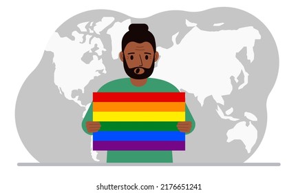 A man holds an lgbt flag in his hands against the backdrop of a world map. Vector flat illustration.