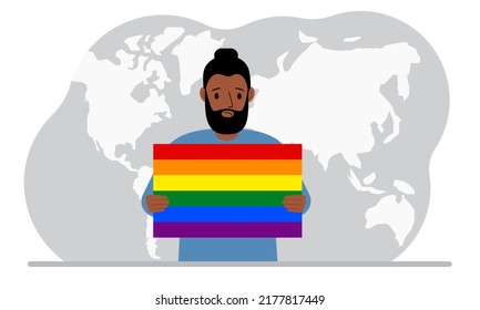A man holds an lgbt flag in his hands against the backdrop of a world map. Vector flat illustration.