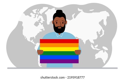 A man holds an lgbt flag in his hands against the backdrop of a world map. Vector flat illustration.