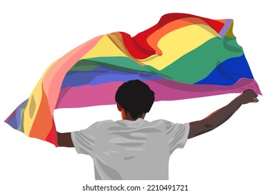 A man holds the LGBT flag in his hands. Isolated on white. Vector graphics.