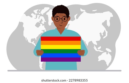 A man holds an lgbt flag in his hands against the backdrop of a world map. Vector flat illustration.