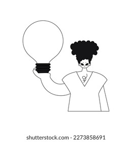 El hombre sostiene una bombilla de luz en el concepto de manos de ideas en la ilustración vectorial lineal.