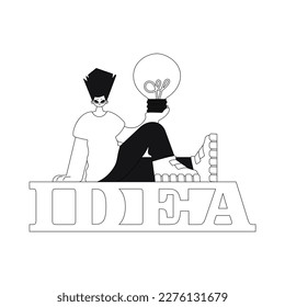 Man holds light bulb in hands symbol of creative ideas. Linear vector illustration.