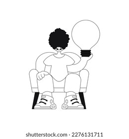 Man holds light bulb in hands, representing ideas in a linear vector illustration.