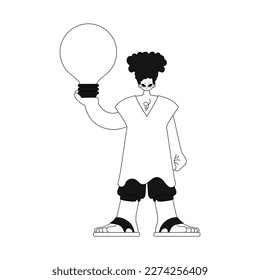 Man holds light bulb in handssymbolizing ideas, in linear style, vector illustration.