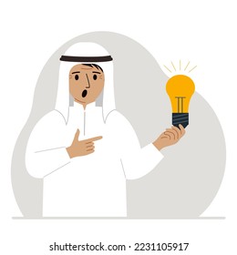 A man holds a light bulb in his hand. Idea concept, brainstorming, business, thinking, solution, eureka, task, bingo or answer search. Vector flat illustration