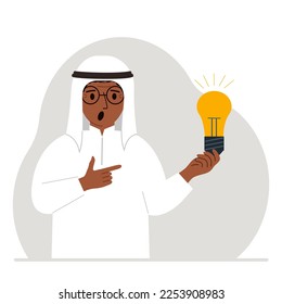A man holds a light bulb in his hand. Idea concept, brainstorming, business, thinking, solution, eureka, task, bingo or answer search. Vector flat illustration