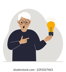 Ein Mann hält eine Glühbirne in der Hand. Ideenkonzept, Brainstorming, Business, Thinking, Lösung, Eureka, Task, Bingo oder Antwort Suche.