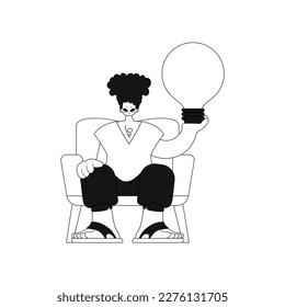 Man holds light bulb. Ideas concept. Linear style vector illustration.
