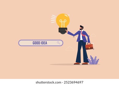 Un hombre sostiene una bombilla que simboliza una buena idea, con una barra de búsqueda al fondo. Pensamiento creativo y tema de innovación.
