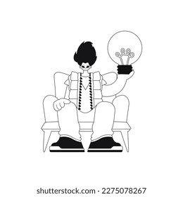 Man holds lightbulb. Represents ideas. Linear style, vector il'n.