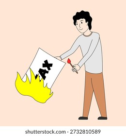 A man holds a lit match and sets fire to banknotes.