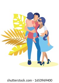 Man Holds Little Boy in Panama and Woman in Summer Clothes in Glasses. Insurance Policy. Vector Illustration. Reliable Protection. Insurance Case. Life and Health Insurance on Vacation.