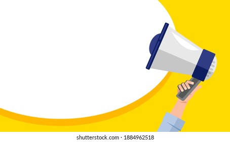 Man holds a loudspeaker in hand. Marketing and advertising. Democracy and elections. Vector illustration 