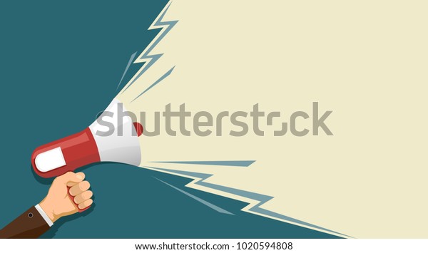 Man holds a loudspeaker in hand. Marketing and\
advertising. Democracy and elections. Stock vector illustration in\
flat graphics style.