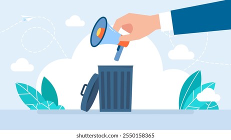 Man holds a loudspeaker in hand. A loudspeaker in a trash can. Prohibition to share false news and ban noise. No advertise, no ad. Noise prohibition. No propaganda. Speech ban. Vector illustration