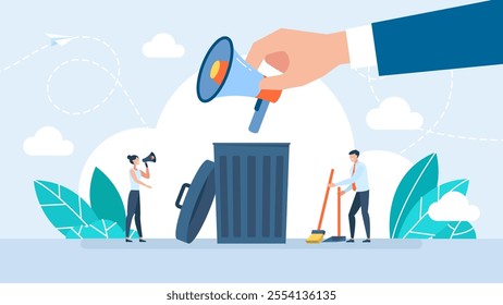 Man holds a loudspeaker in hand. A loudspeaker in a trash can. Prohibition to share false news and ban noise. Noise prohibition. No propaganda. Freedom of speech ban. Vector illustration