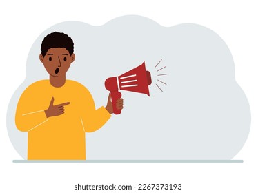 A man holds a loudspeaker or megaphone in his hand. Big sale, discount, breaking news or new collection concept for advertising or web banners.