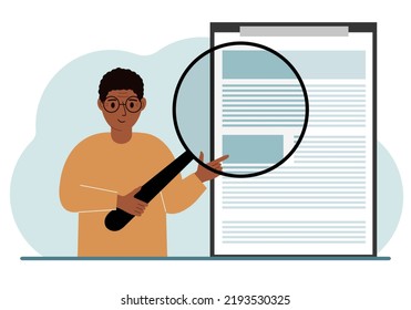 A man holds a magnifying glass and examines a document, contract or agreement. The concept of a lawyer, businessman, or attorney at work. Vector flat illustration