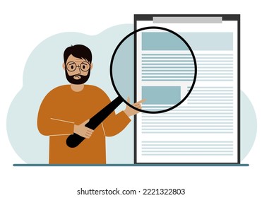 A man holds a magnifying glass and examines a document, contract or agreement. The concept of a lawyer, businessman, or attorney at work. Vector flat illustration